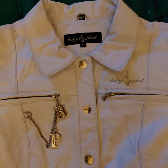 Baby Phat Cream Cropped Leather Jacket with Zipper Details - Picture 3 of 7